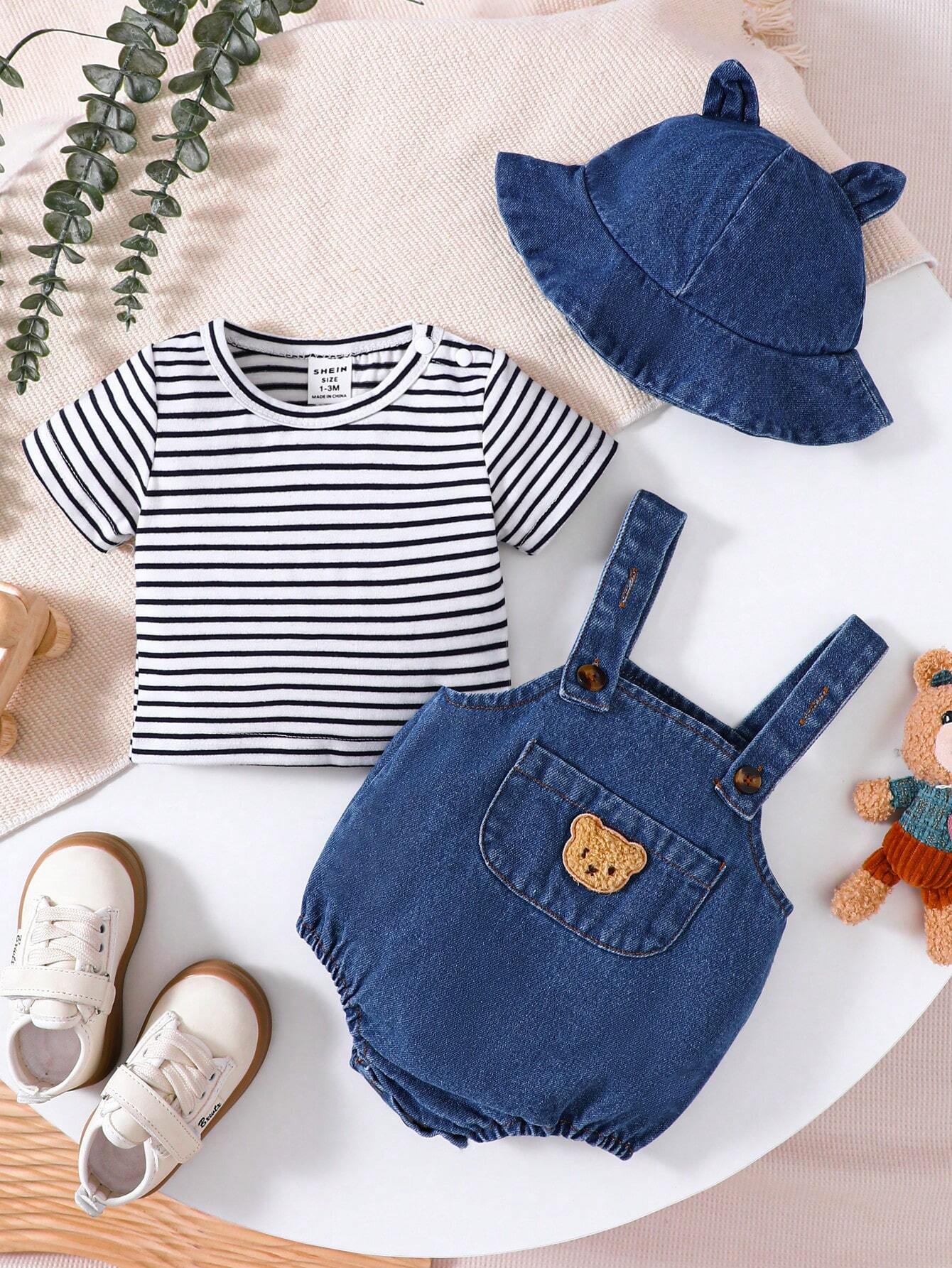 Baby Boys Summer Set – Striped T-shirt & Plush Bear Suspender Shorts
