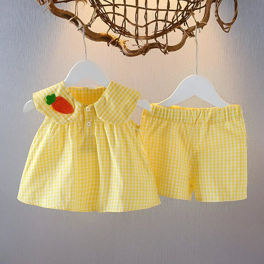 2 Piece Baby Girl Summer Set – Fruity Top & Plaid Skirt