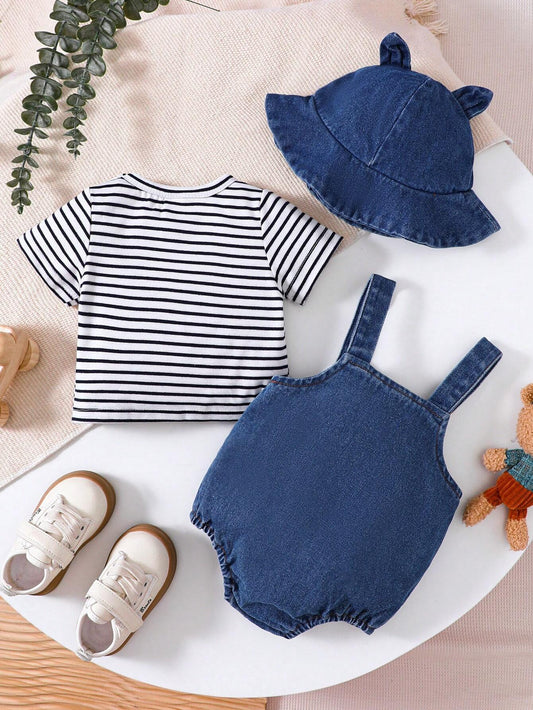 Baby Boys Summer Set – Striped T-shirt &amp; Plush Bear Suspender Shorts 