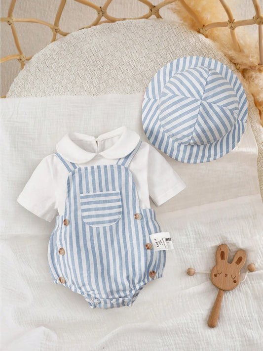 Boys Summer 3 Piece Set – Striped Overalls 