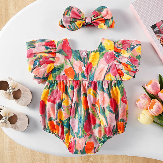 Tulip Romper Set – Meisjes Bodysuit met Hoofdband