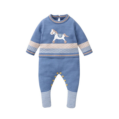 Gebreide Baby Romper Lange Mouw - Herfst & Winter Blauw