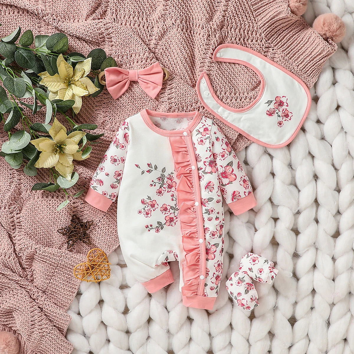 Baby Meisje Jumpsuit Set Bloemenprint Lange Mouw