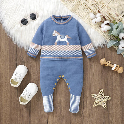 Gebreide Baby Romper Lange Mouw - Herfst & Winter Blauw