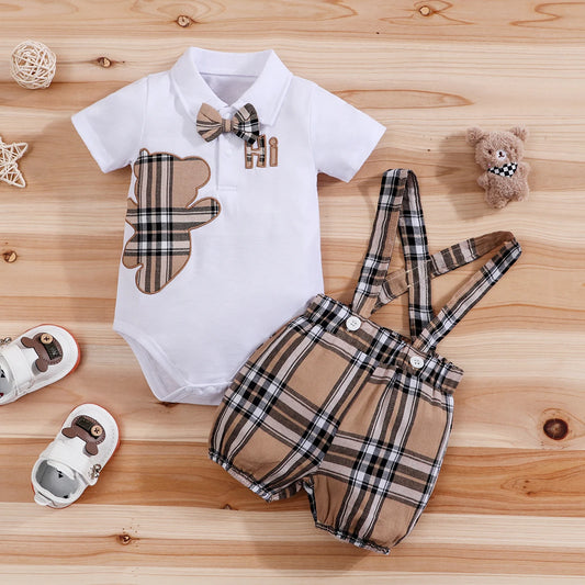 2-Piece Baby Boy Set Bear Bodysuit + Bib Pants 