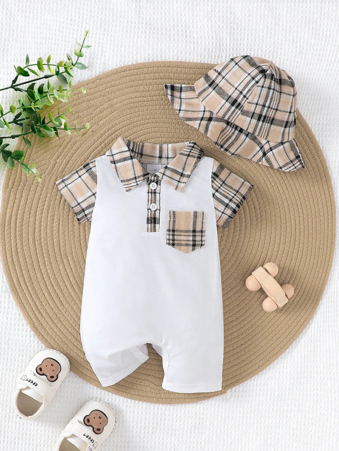 Baby Jumpsuit Zomer Geruit Patroon Korte Mouwen